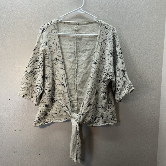 O’Neil Tan Floral Linen Cotton Kimono Tie Front Open Top Swimsuit Cover Up Boho - Picture 2 of 7